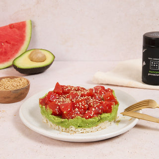 Watermelon tartare with avocado and matcha mayonnaise